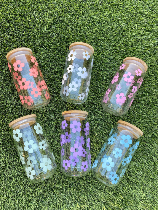 RETRO DAISY FLOWERS CAN GLASS