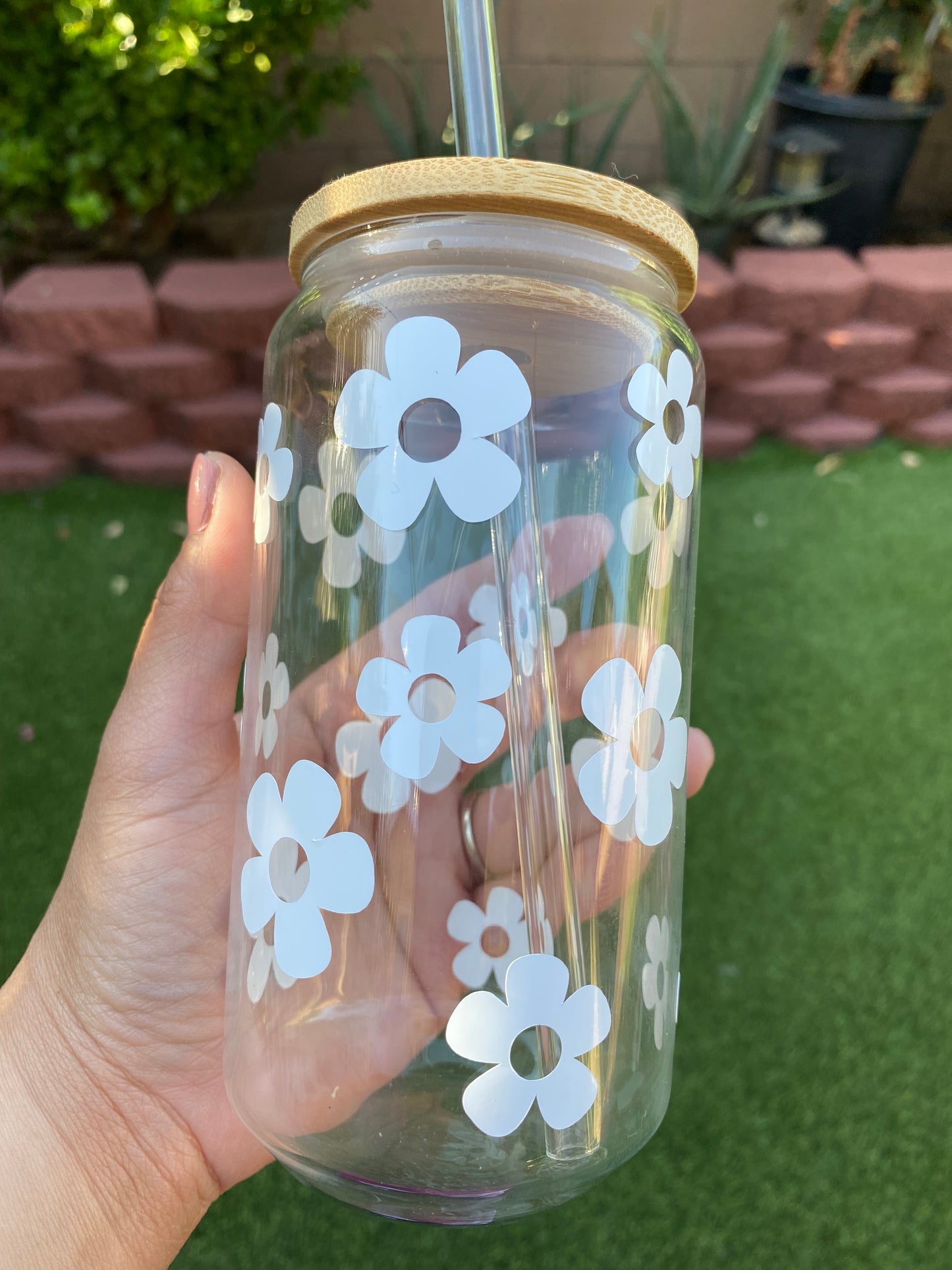 RETRO DAISY FLOWERS CAN GLASS